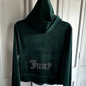 NWT Juicy Couture Velour Pine Green With Rhinestones Logo Cropped Hoodie Size XL